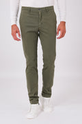 Front view of military green stretch cotton trousers on a model