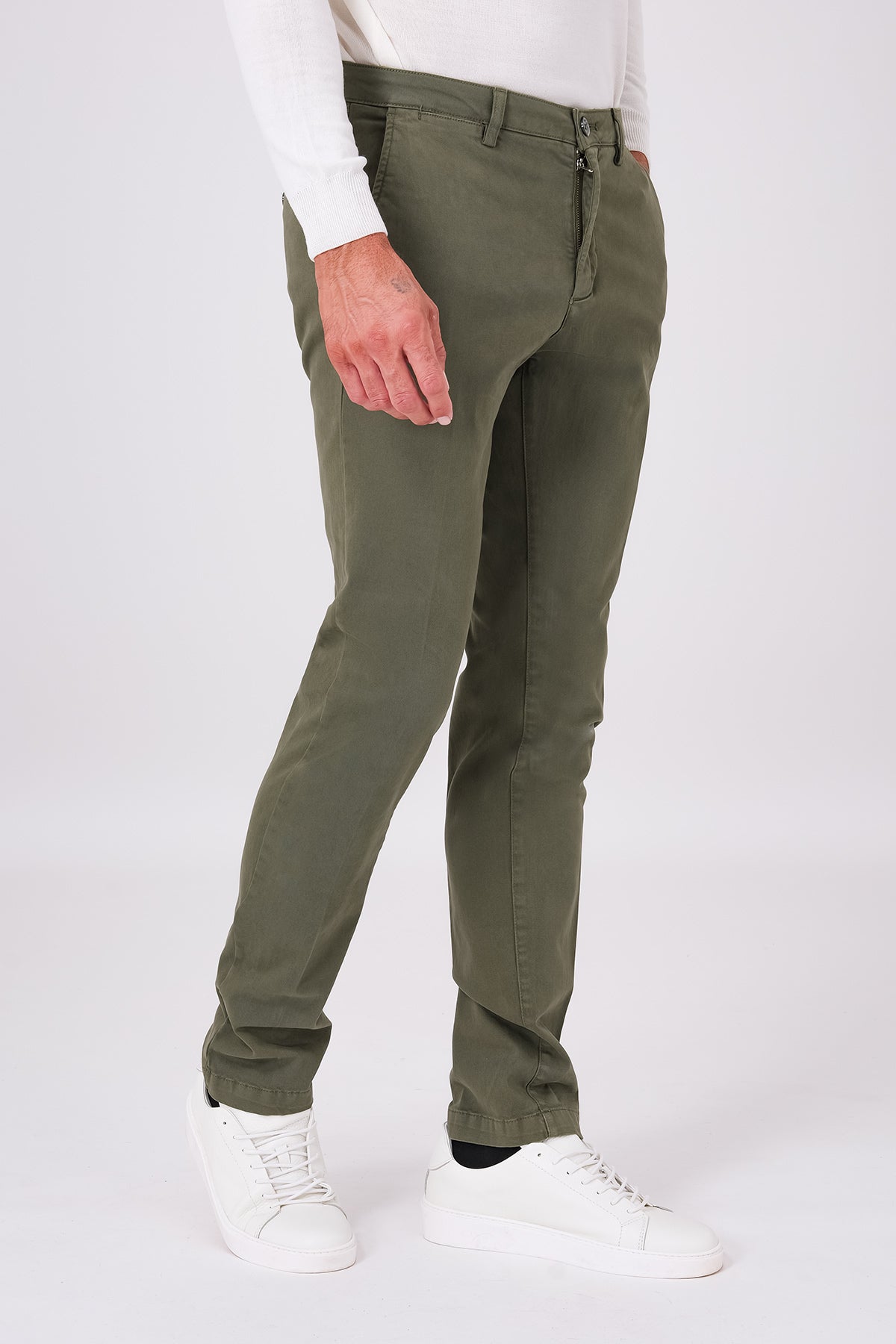 Basic military green stretch cotton trousers on a model, three-quarter front view