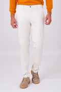 Front view of cream stretch cotton trousers on a model