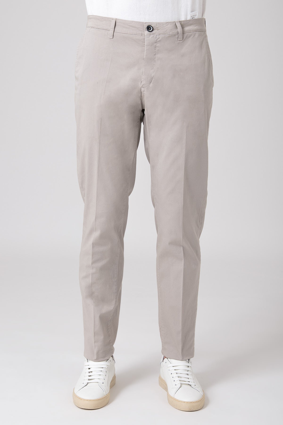 Man wearing sand color stretch cotton pants front view