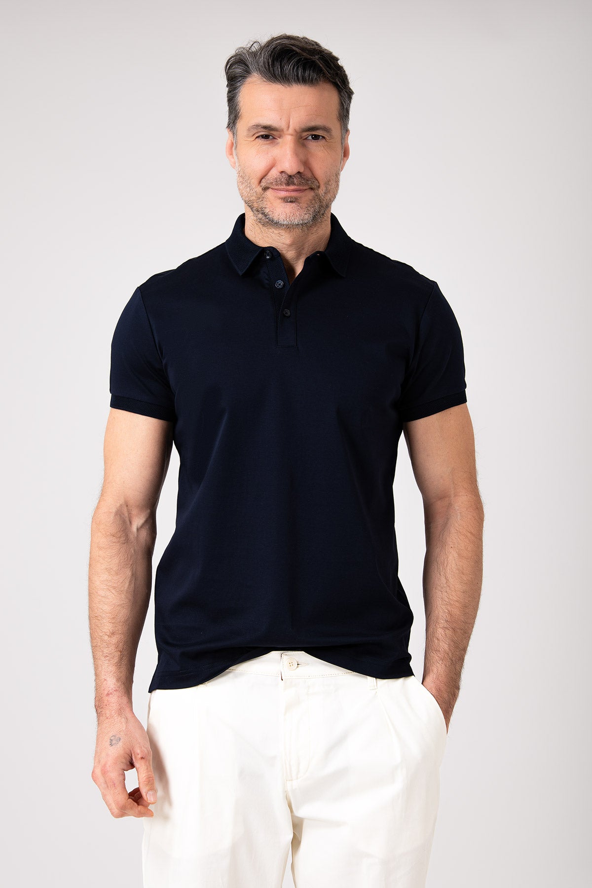Polo in cotone mercerizzato manica corta - Blu navy - vista frontale