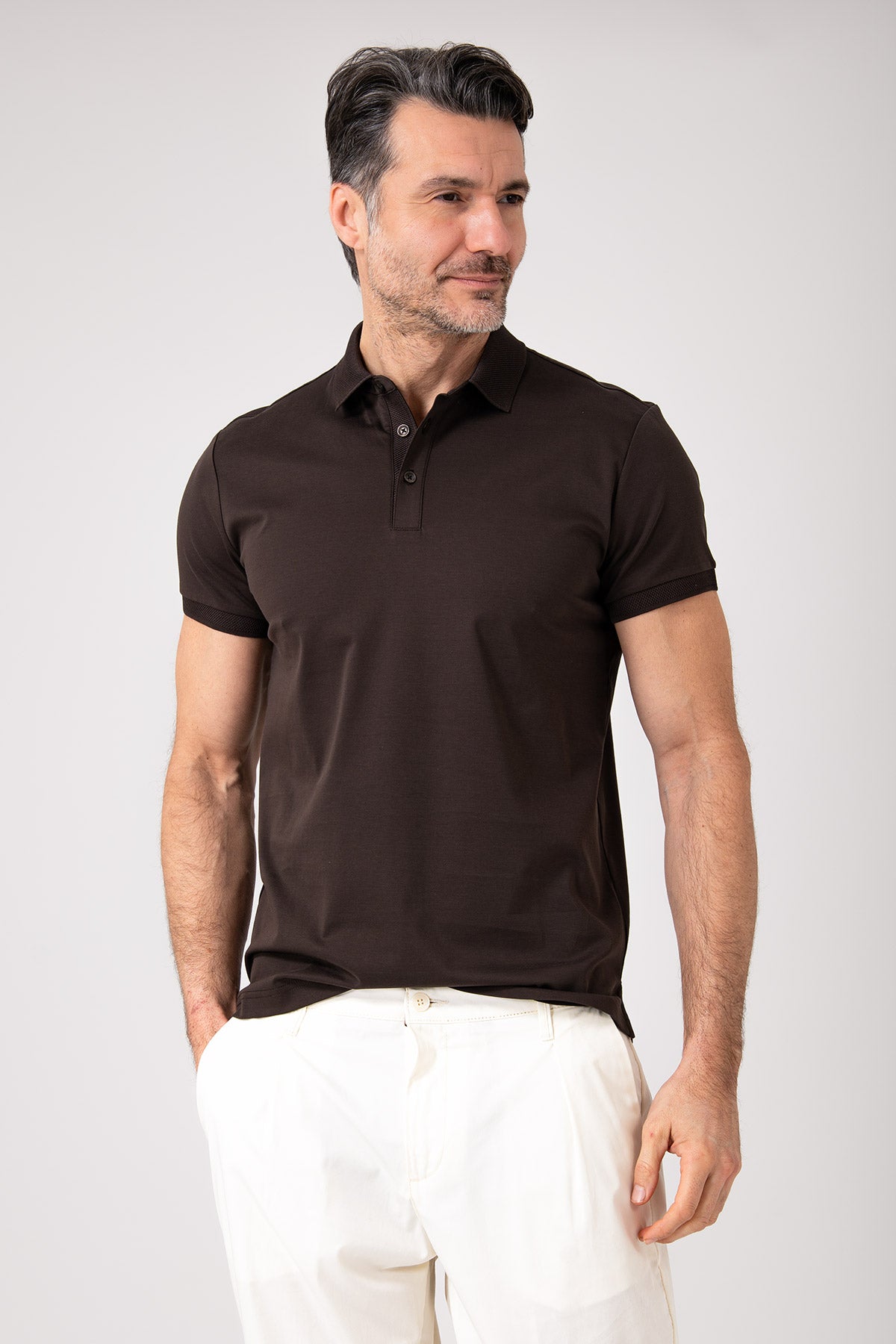 Polo in cotone mercerizzato manica corta - Marrone - vista frontale