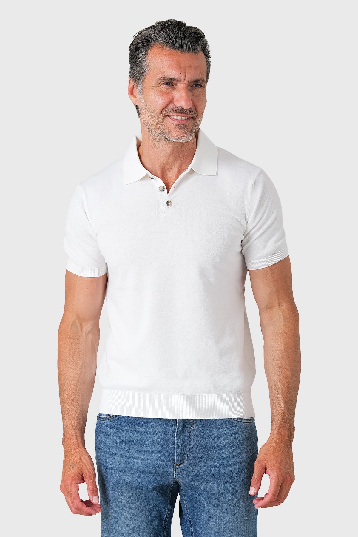 Short-sleeve cotton polo in white, front view