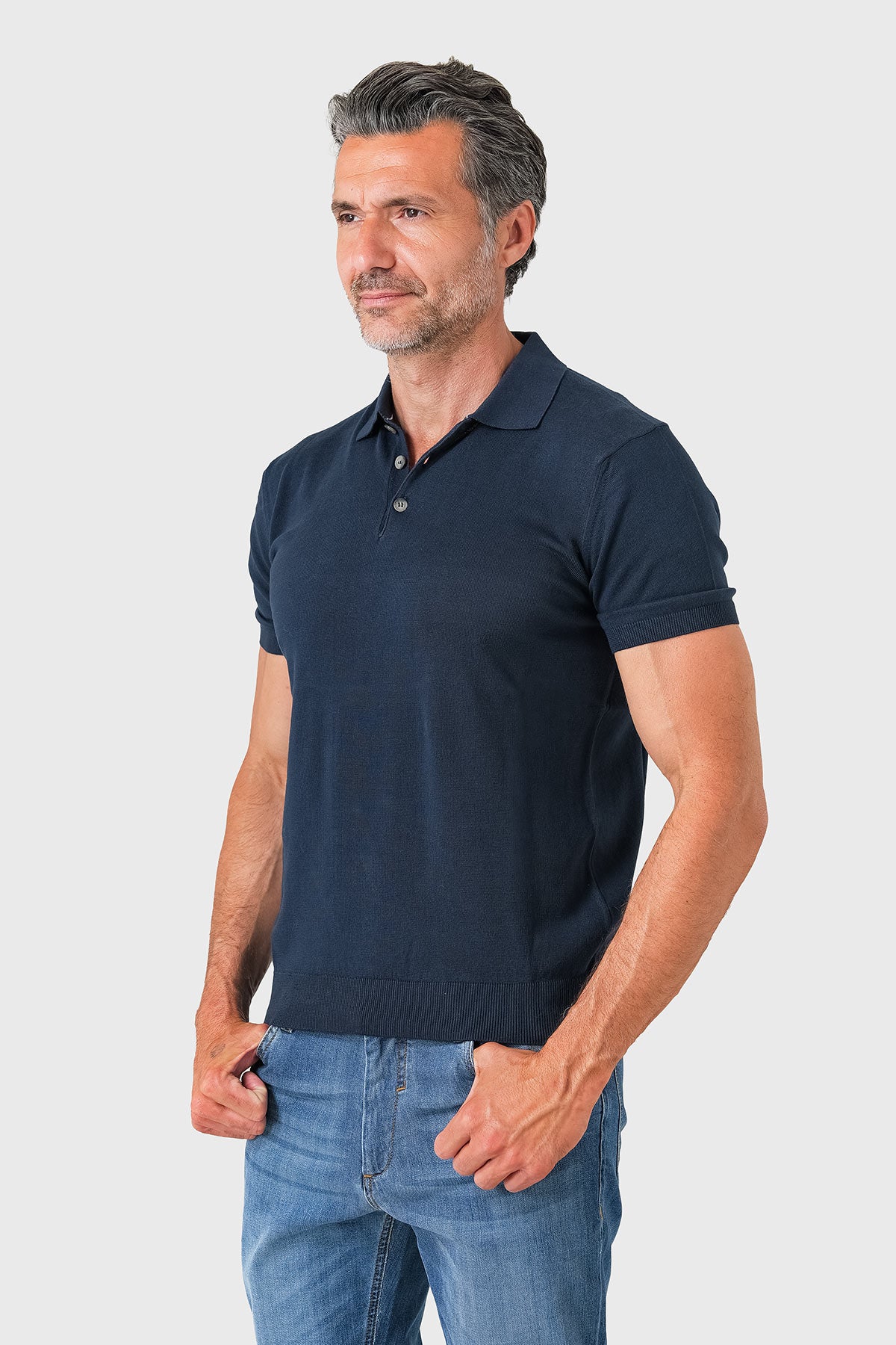 Short-sleeve solid cotton polo in navy blue, side view