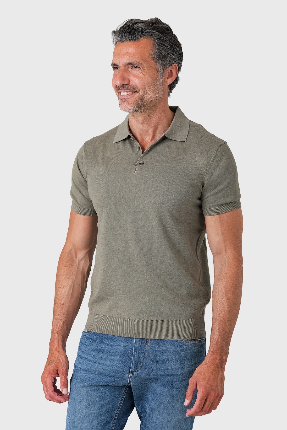 Short-sleeve cotton polo in mud color, featuring a side view