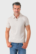 Short-sleeve cotton polo in sand color, viewed from the front