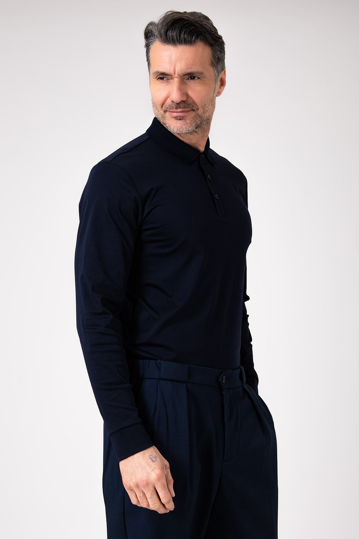 Polo manica lunga in cotone - Blu navy - vista laterale