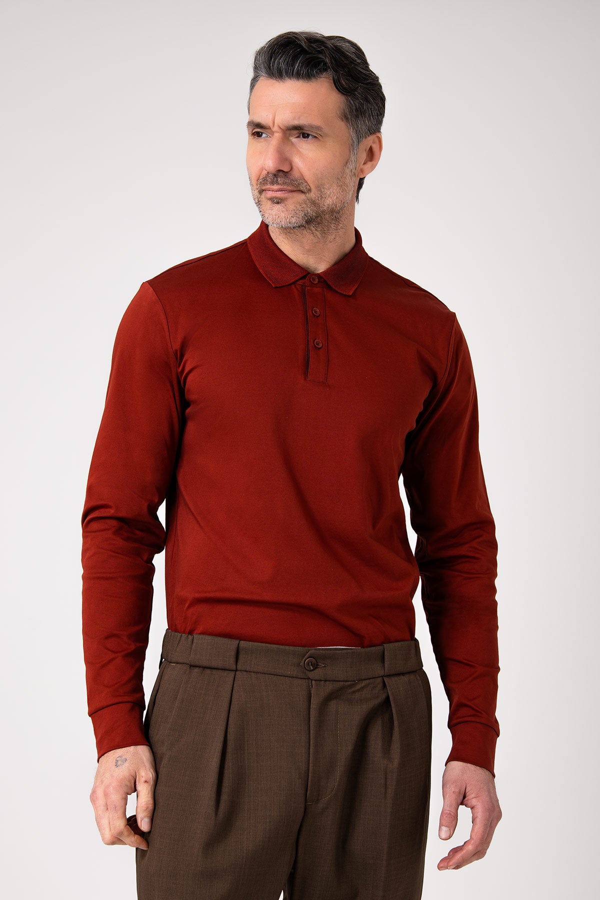 Polo manica lunga in cotone - Mattone - vista frontale