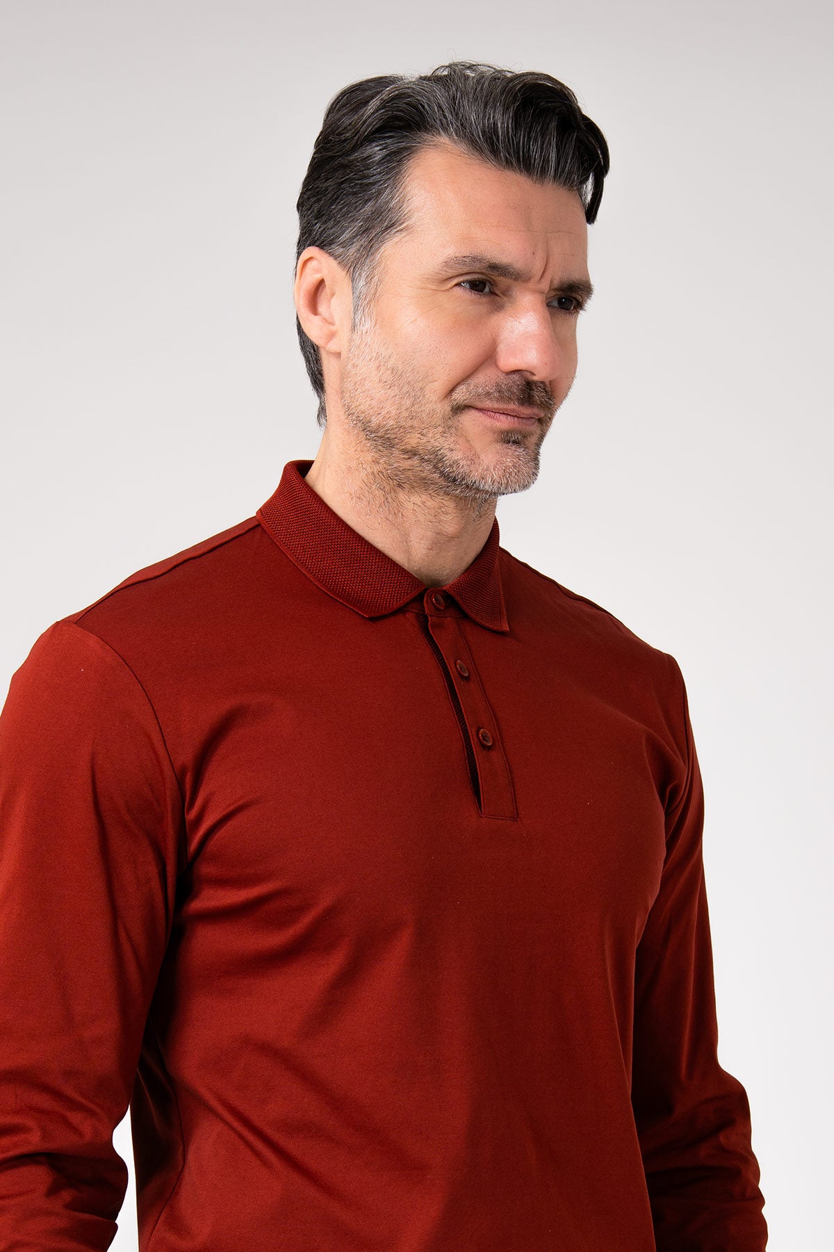 Polo manica lunga in cotone - Mattone - vista frontale