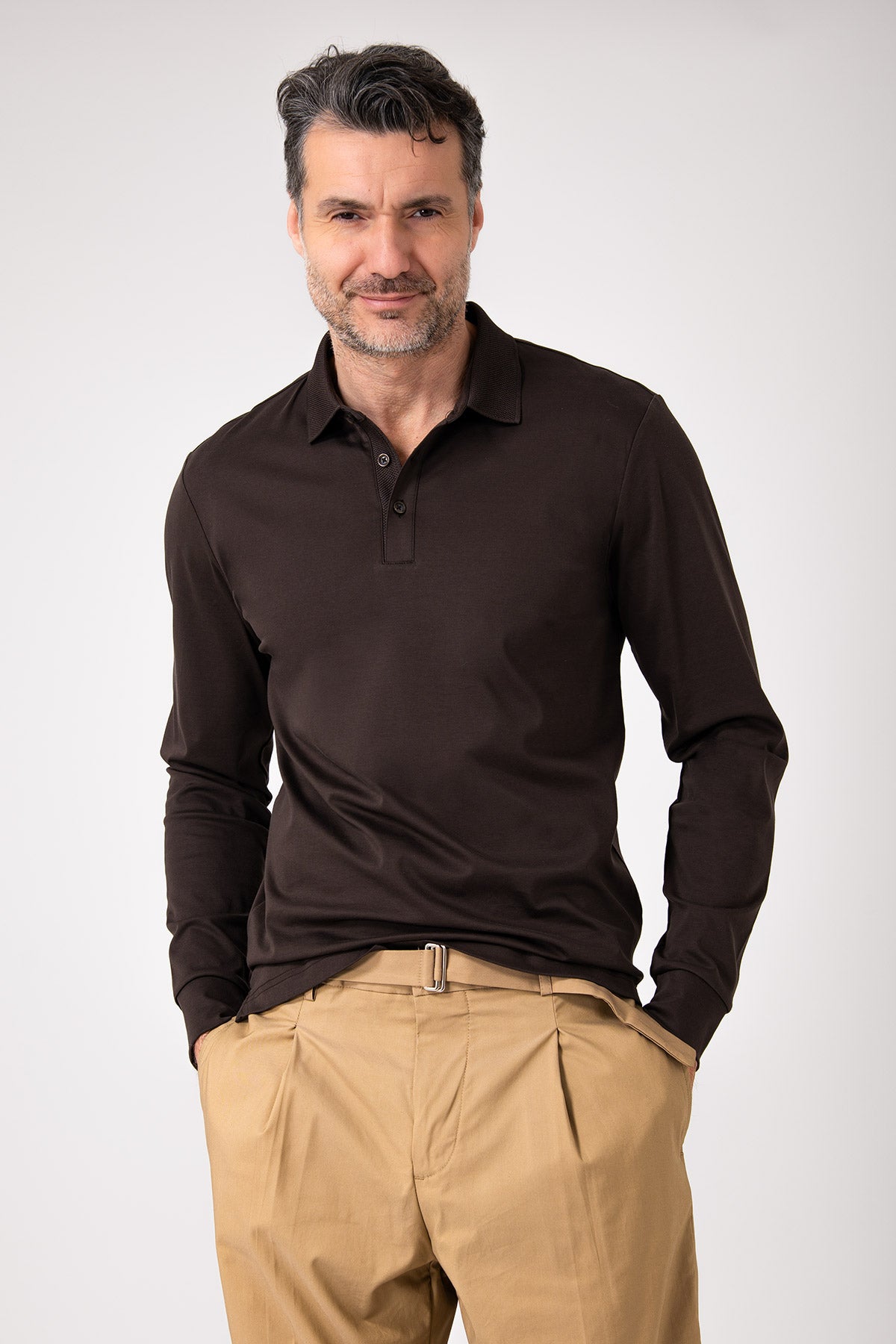 Polo manica lunga in cotone - Moro - vista frontale