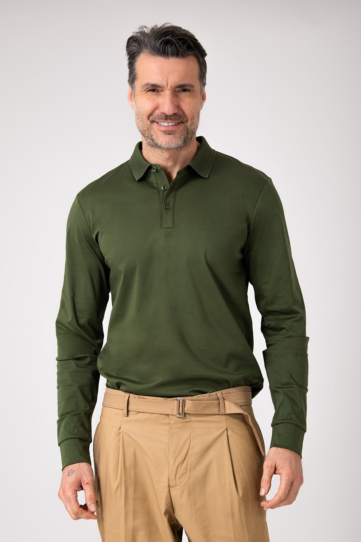 Polo manica lunga in cotone - Verde - vista frontale