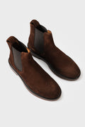 Cigar brown suede Chelsea boots with wingtip detailing and elasticated side panels