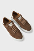 Top view of tobacco suede sneakers with white soles