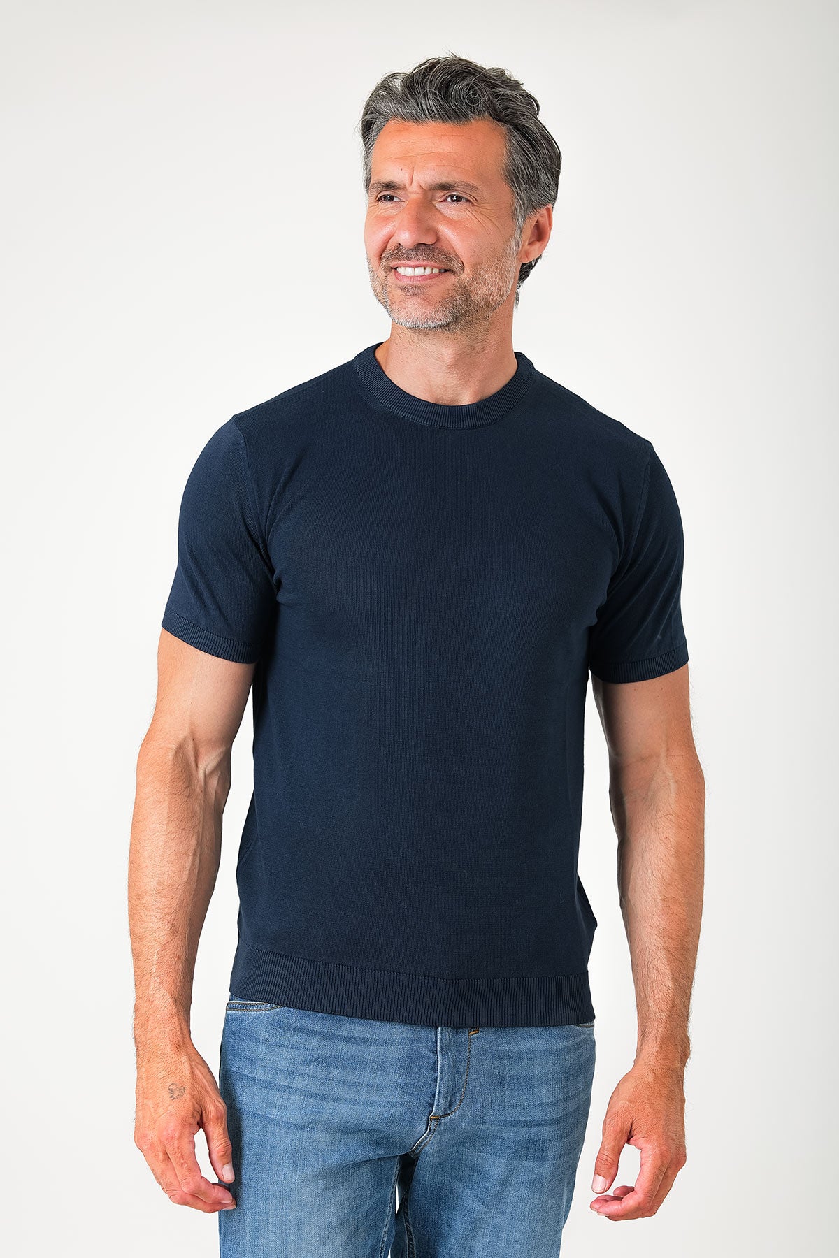T-shirt girocollo in maglia di cotone - Blu navy - vista frontale