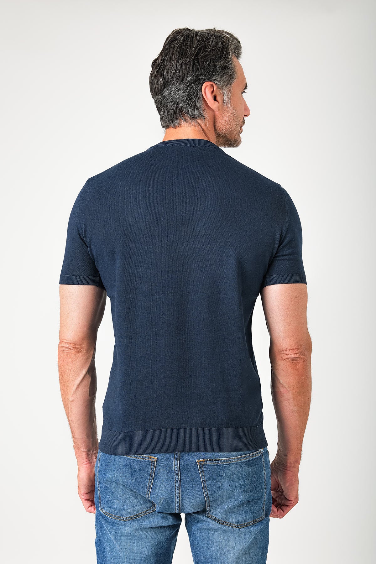 T-shirt girocollo in maglia di cotone - Blu navy - vista posteriore