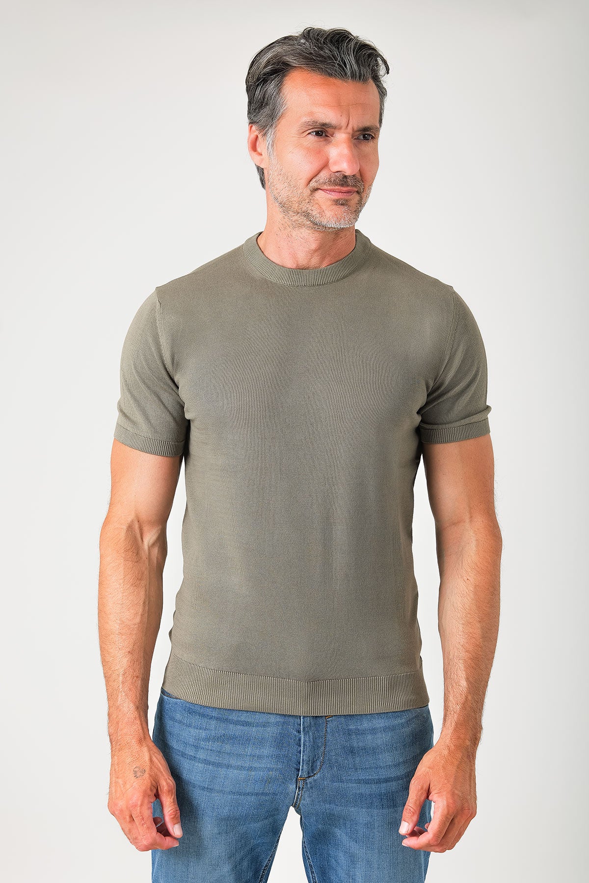 T-shirt girocollo in maglia di cotone - Fango - vista frontale