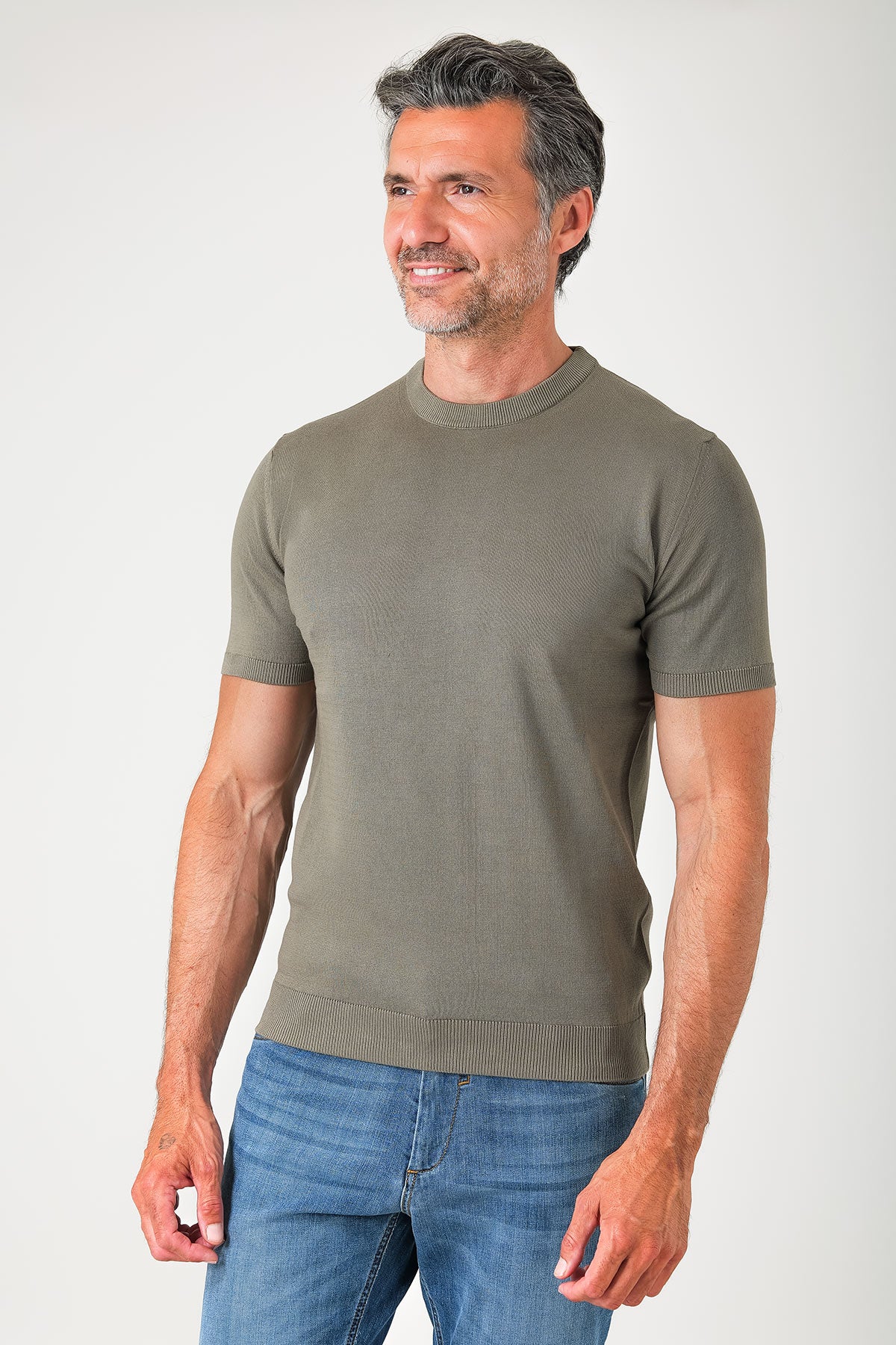 T-shirt girocollo in maglia di cotone - Fango - vista frontale