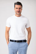 Man wearing white mercerized cotton t-shirt front view