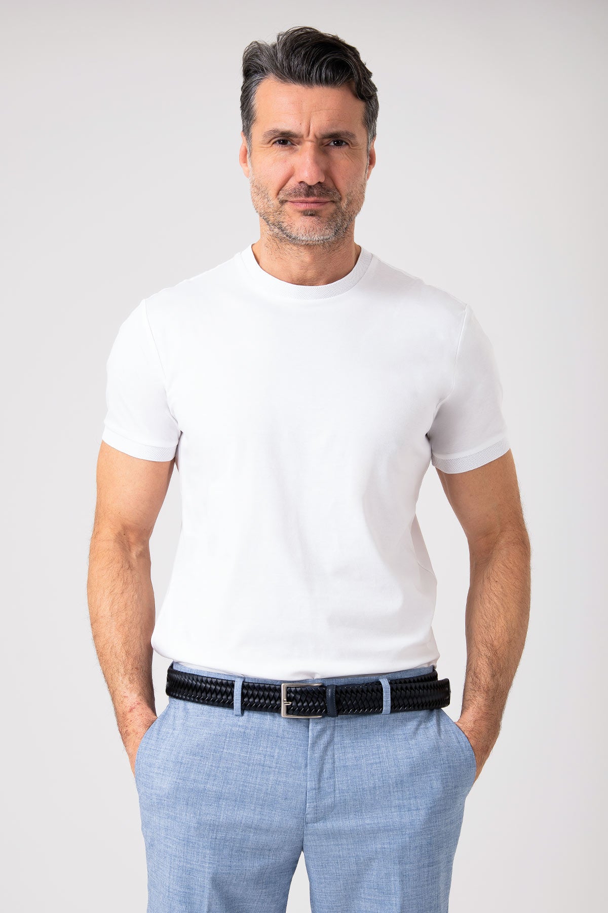 Man wearing white mercerized cotton t-shirt front view