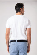 Man wearing white mercerized cotton T-shirt viewed from behind