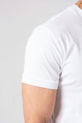 White mercerized cotton T-shirt worn, side view with sleeve detail