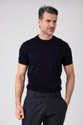 Man wearing navy blue mercerized cotton t-shirt front view