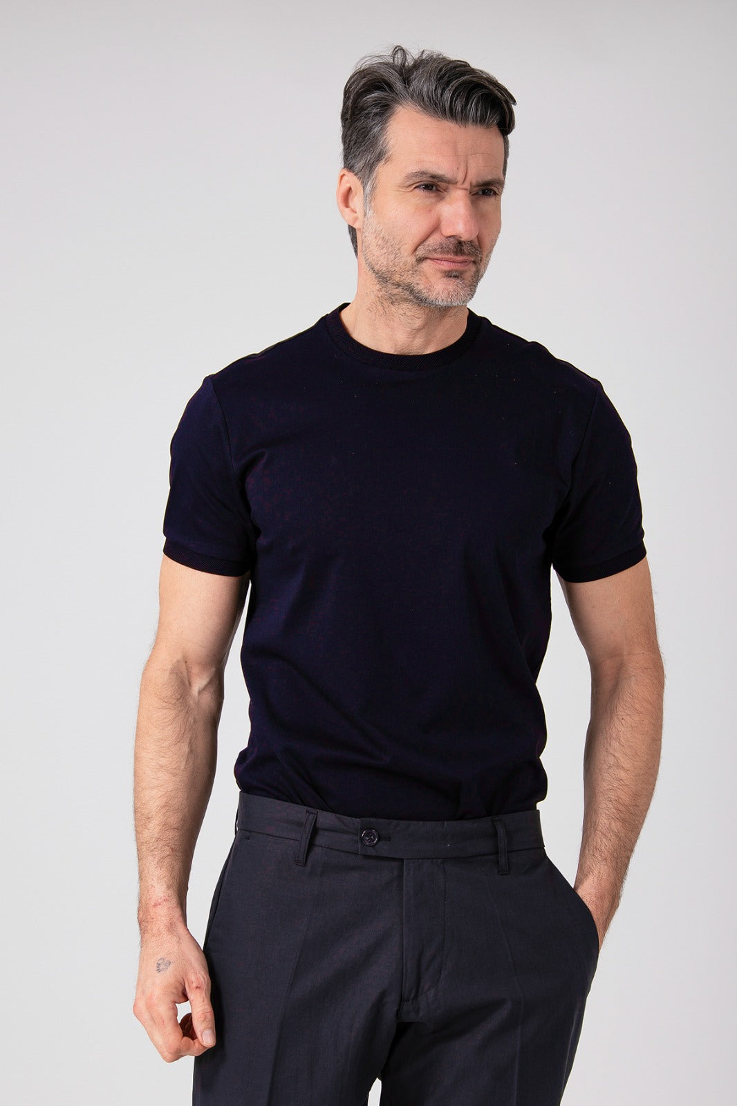 Man wearing navy blue mercerized cotton t-shirt front view