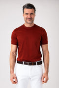 Man wearing a brick colored mercerized cotton T-shirt front view