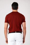 Back view of man wearing brick colored mercerized cotton t-shirt