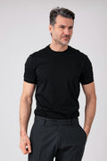 Man wearing black mercerized cotton t-shirt front view