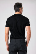 Man wearing black mercerized cotton T-shirt back view